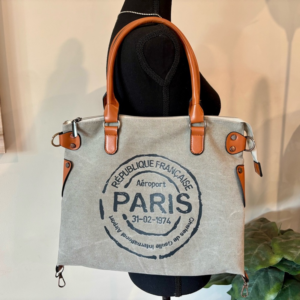 Vintage Travel-Inspired Canvas Tote Bag – Paris Passport Stamp Design